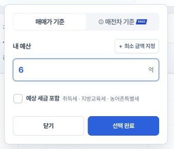 어디살까 예산 설정: 가상 예산 6억 원과 예상 세금 포함 선택